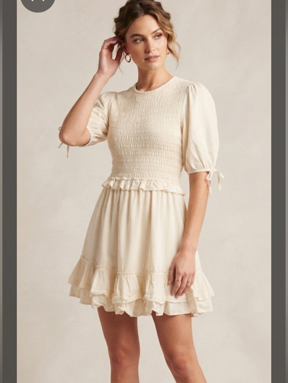 All Saints Cream Smocked Mini Dress with Ruffle Hem Sz8 P2P 17
